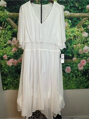 Robbie Bee White Swiss Dot V-Neck Smocked Midi Dress with Flutter Sleeves